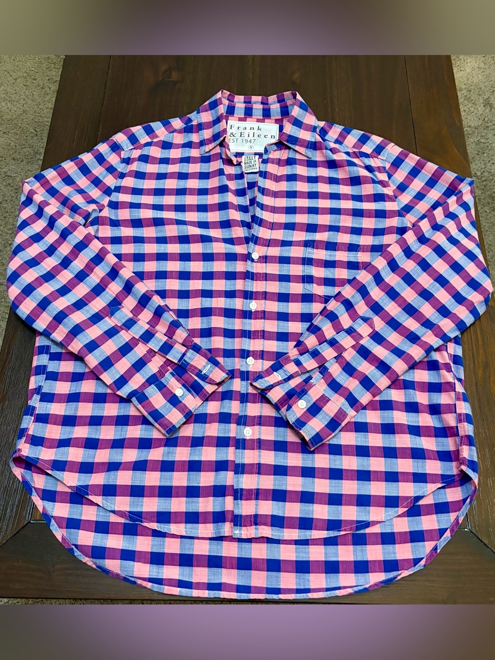 Frank & Eileen The Eileen Relaxed Button Up Shirt Italian Cotton Pink Blue Plaid - Picture 12 of 13
